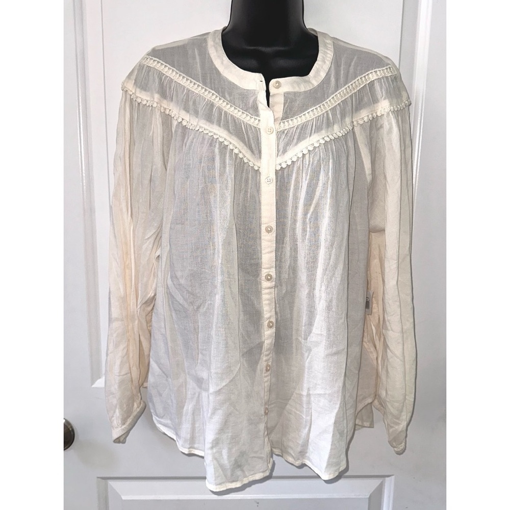 Old Navy Ivory Peasant Embellished Trim Button Up Beachy Gauzy shirt